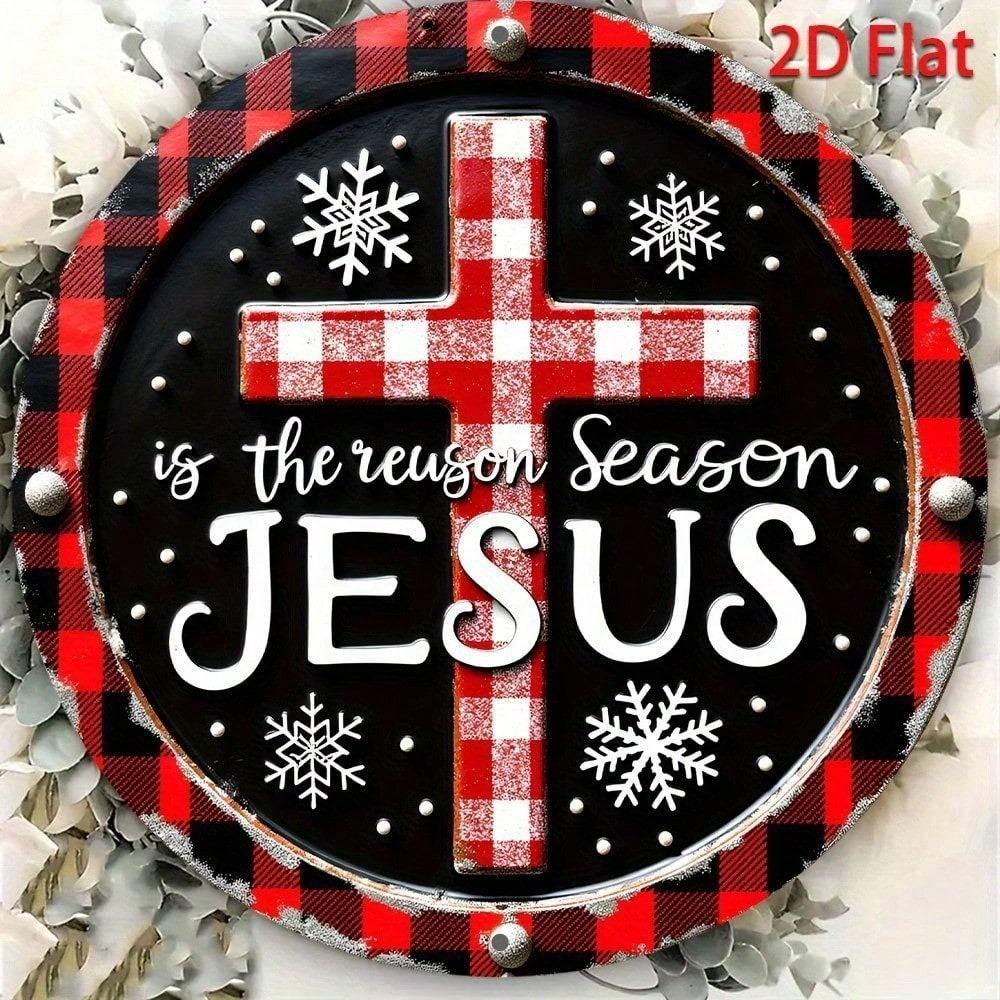 LovelyAlley 8 Inch Round Metal Wall Sign Wreath Design Xmas Home Decor Snowflake Plaid Border