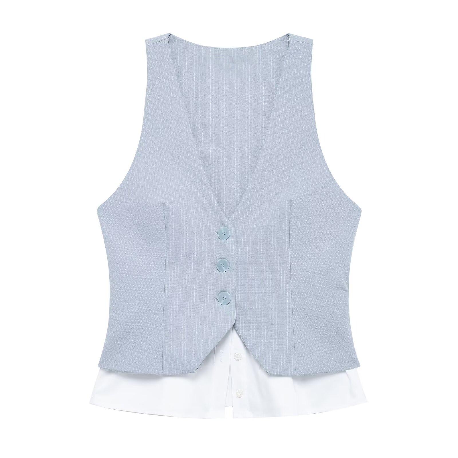 

2025 Spring Women s Sweet Striped Patchwork V-Neck Sleeveless Vest XS