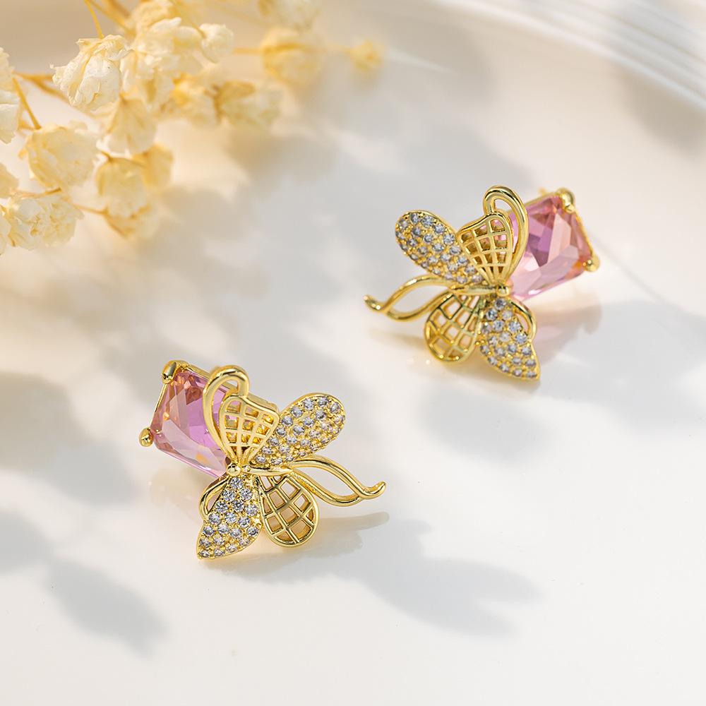Elegant Zirconia-Inlaid Butterfly Stud Earrings with Silver Needle - Versatile Fashion for Spring