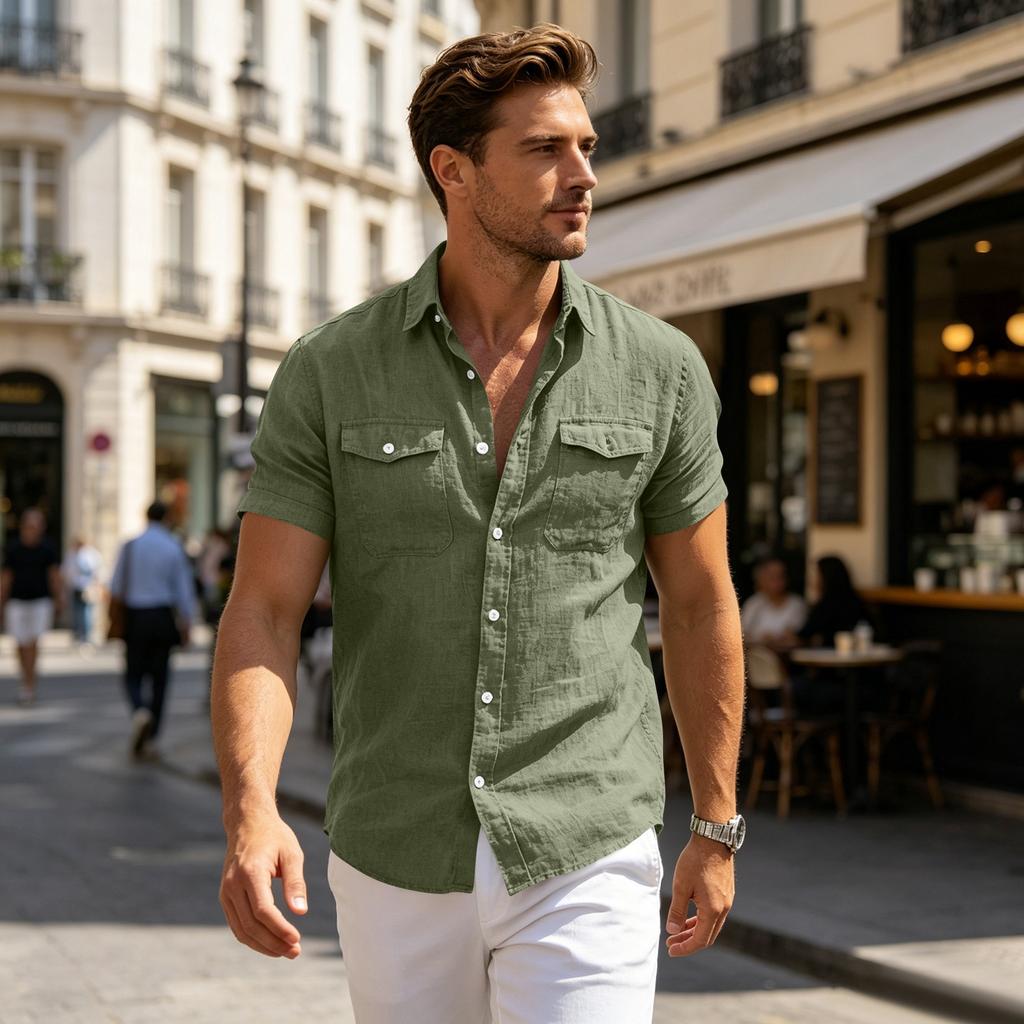 Men's Casual Short Sleeve Shirt with Multi-Pockets, Lightweight Cotton Linen for Work