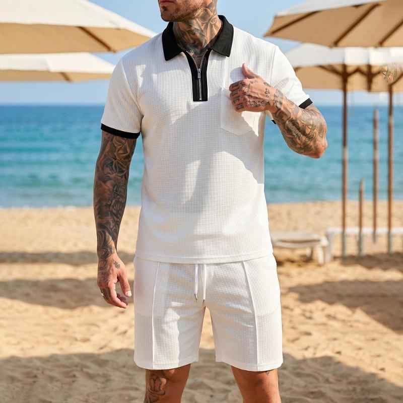 Mens Waffle Collared Polo Short Sleeve Shorts Casual Beach Vacation Set