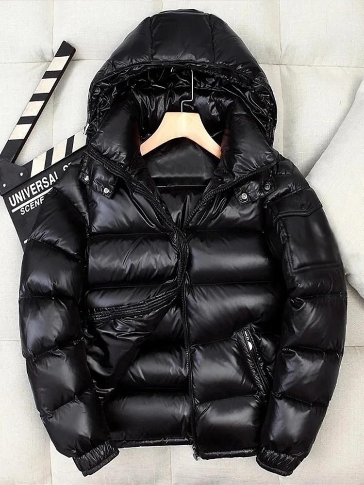 Brand White Duck Down Coats Man Winter Fashion Solid Zipper Outwears Thicken Down Jacket Men Casual Hood Shiny Warm Loose Parkas