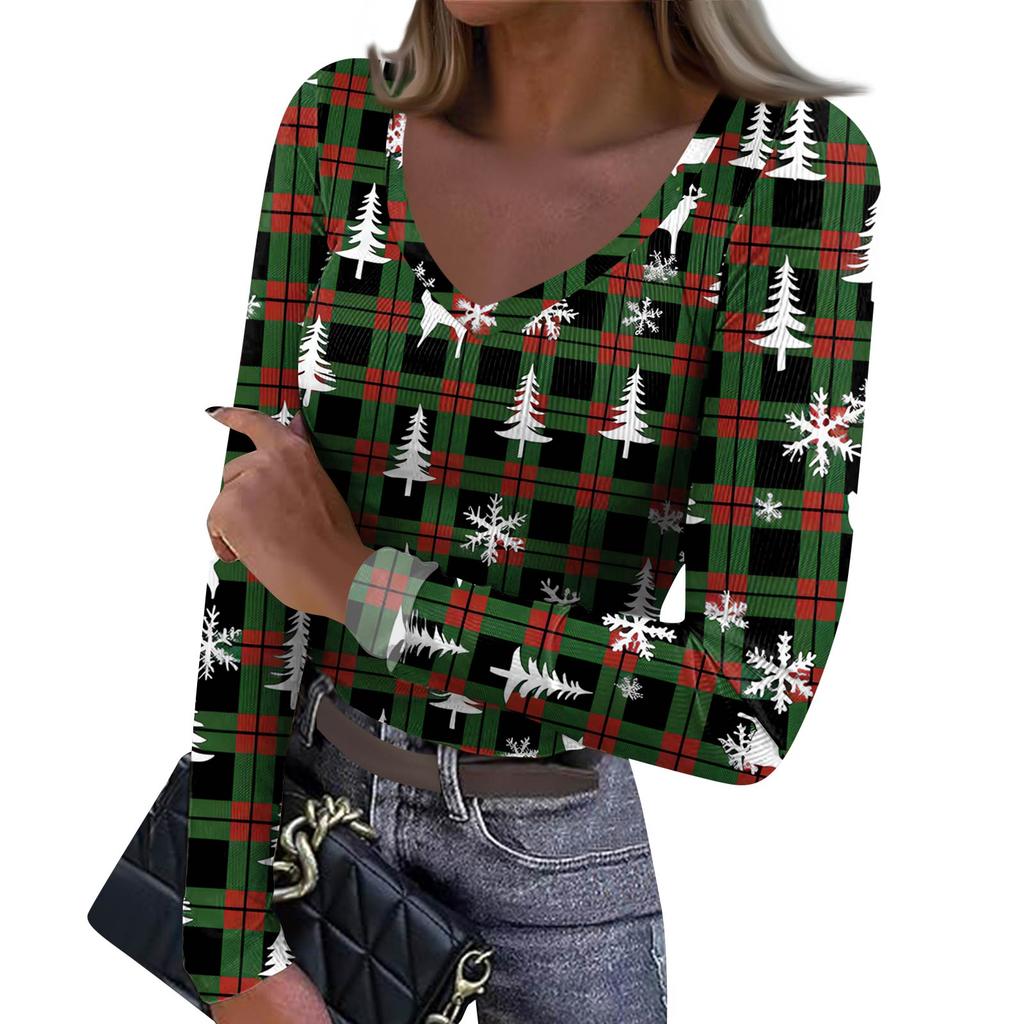 Dámské zimní přiléhavé základní tričko Módní vánoční potisk Výstřih do V Pulovr Top s dlouhým rukávem