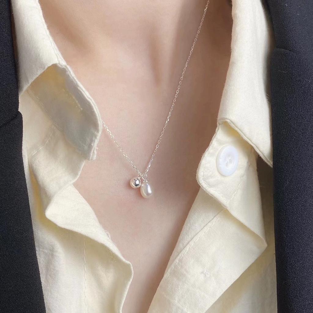 Versatile Exquisite Round Double Pendant Clavicle Chain S925 Silver Ins Simple Natural Freshwater Pearl Necklace