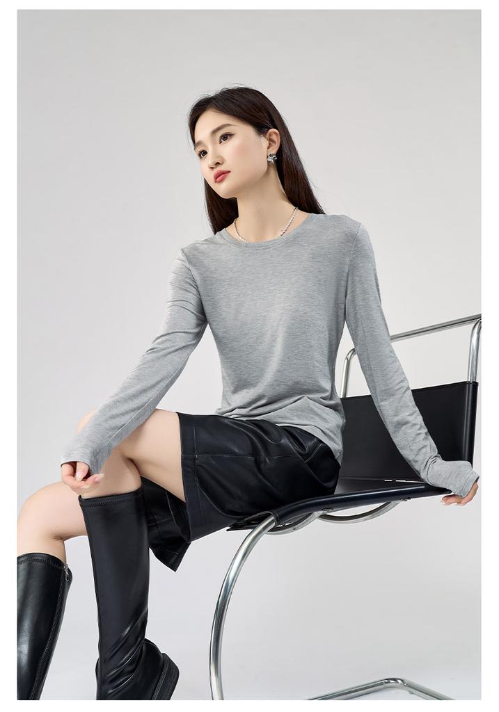 Lyocell soft wool round neck long sleeved T-shirt for women's front shoulder base
