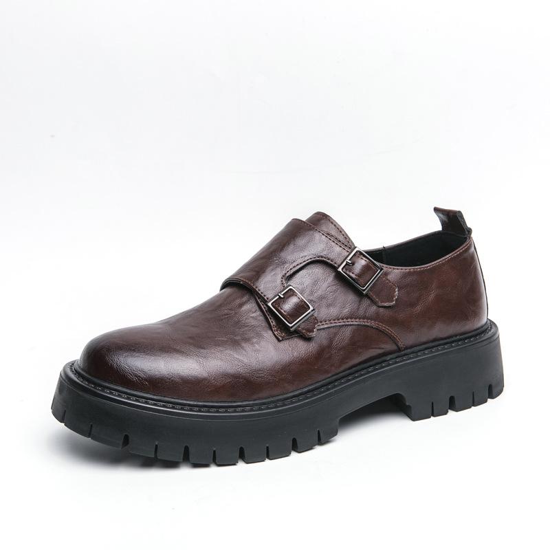 

Men s shoes large size men s hand-scratched big head shoes 2025 spring and autumn buckle platform leather shoes British suit leather shoes 46 коричневий