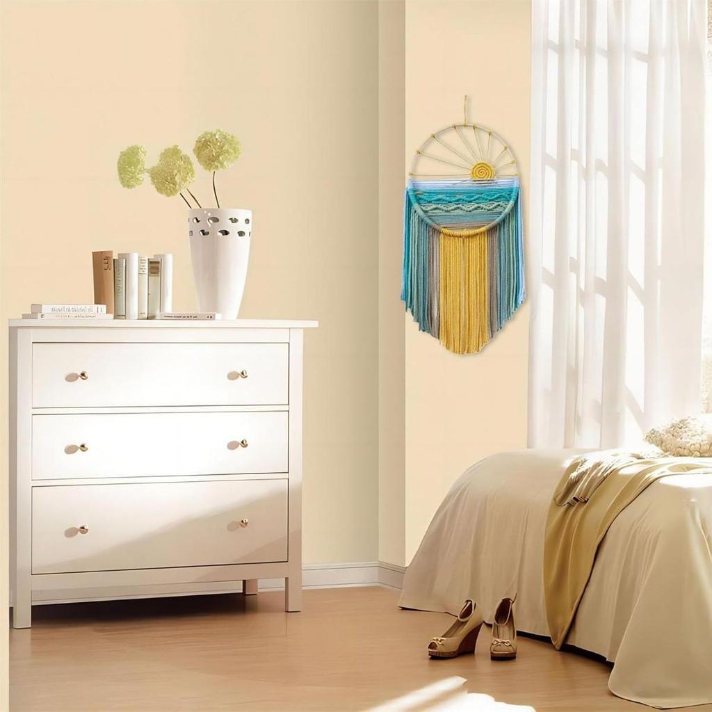 Arazzo da Parete Macramè Boho Sole Decorazione Murale, Acchiappasogni Colorati Intrecciati per Soggiorno Casa Stanza 60 cm L x 30 cm L