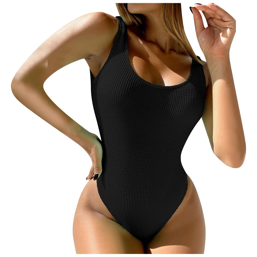 Women's High Waist Plus Size One Piece Swimsuit Textured Fabric Ribbed Design Stretchy Fit Slimming Swimwear