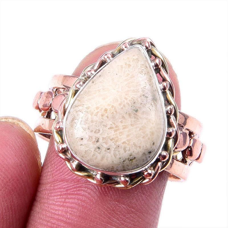 

Natural Fossil Coral Gemstone 925 Solid Silver Jewelry Two Tone Ring S.9US N6c73