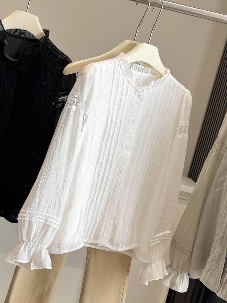Elegant French Wood Ear Trim Round Neck Long Sleeve Womens Lace Top with Hollow Lantern Sleeves - Spring 2026
