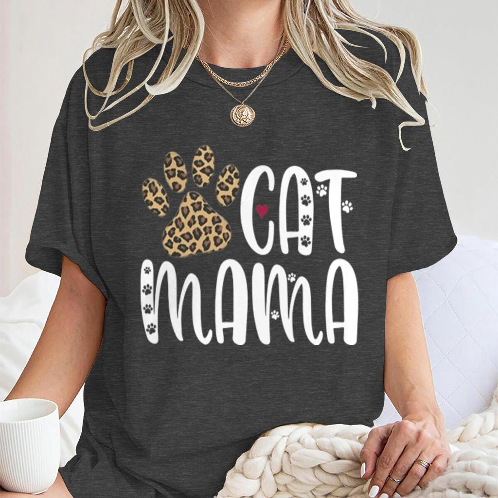 Cat Mama Vintage Cat Paw Printed T Shirts Women Casual Short Sleeve Tshirts Round Neck Tees For Animal Lover Gifts Female Tops