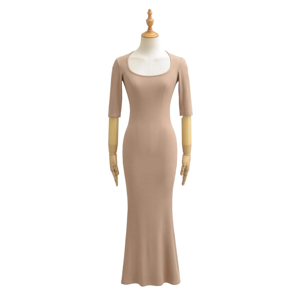 Spicy Girl Slim-Fit Trapezoid Neck Mid-Sleeve Fishtail Dress - Waist-Cinching, Figure-Flattering Skirt