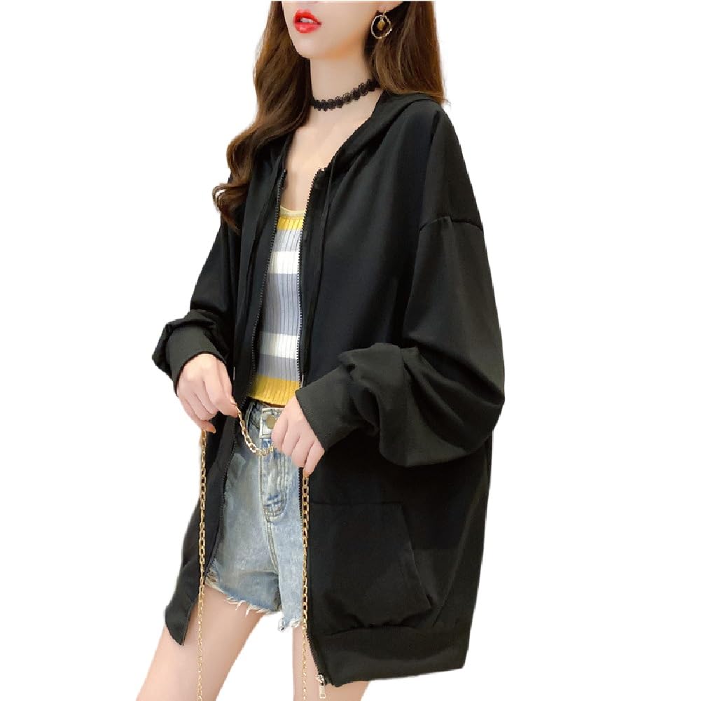 Loose Solid Fall [RREMN] Women's Zip-Up Hoodie, Fit, Lightweight, Color, Hooded, Spring, Summer, (Size L, Black)