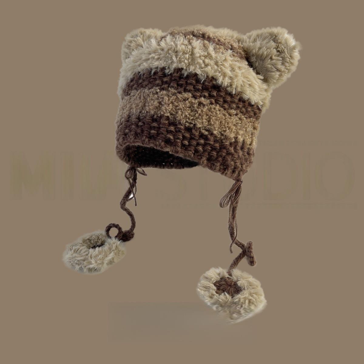 

Japanese Cute Striped Cat Ear Lace Up Lei Feng Hat Autumn and Winter Warm Ear Protection Knitted Beanie Plush Sweet Hat