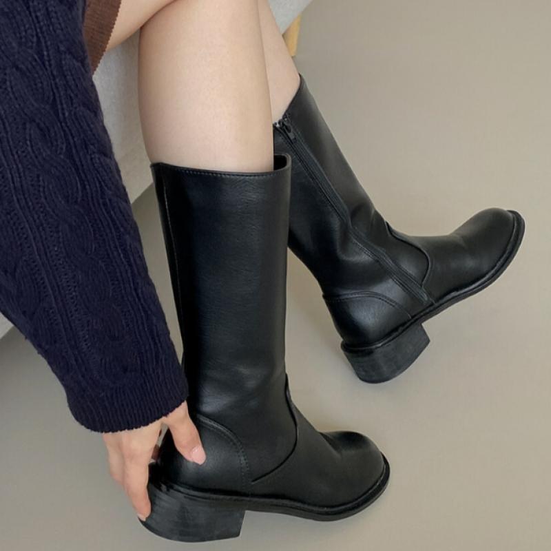 Gomvely Women Leather Mid Long Boots 4.5cm