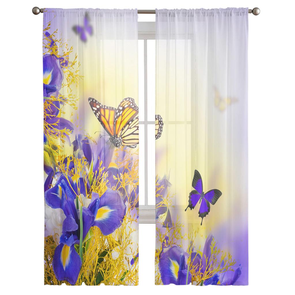 Iris Flower Butterfly Window Treatment Tulle Modern Sheer Curtains for Kitchen Living Room the Bedroom Curtains Decoration