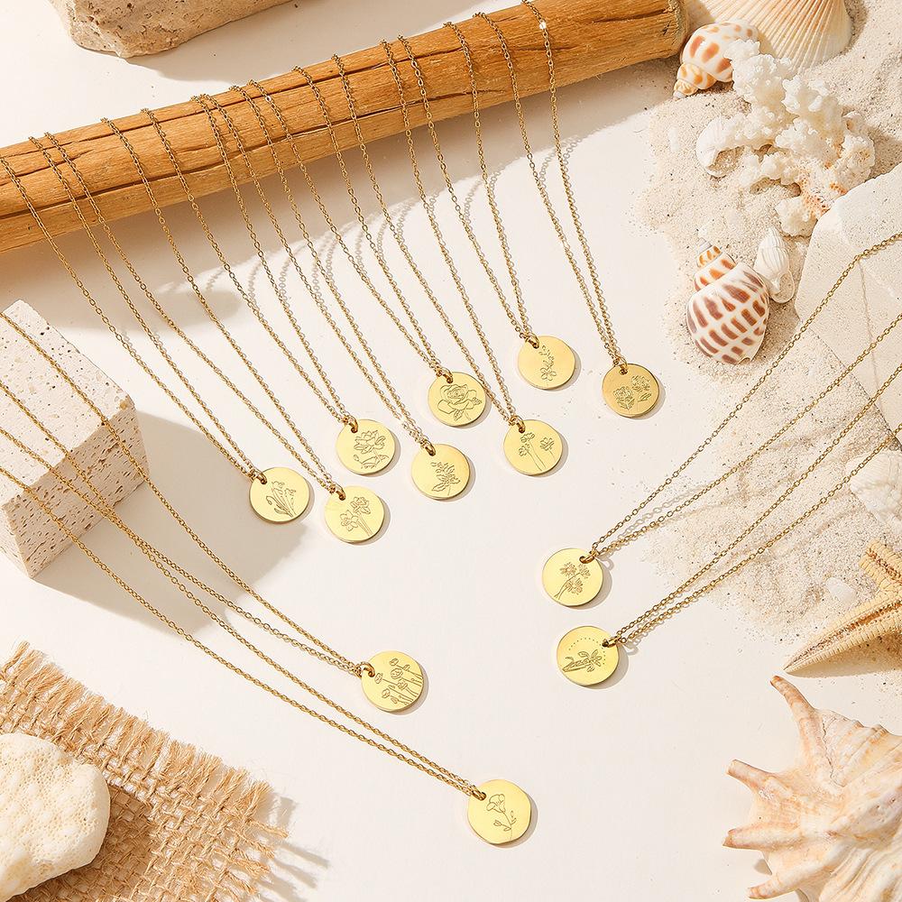 December Floral Pendant Necklace Exquisite Engraved Golden Circular Coins In Minimalist Layered Chain Jewelry Gift for Women