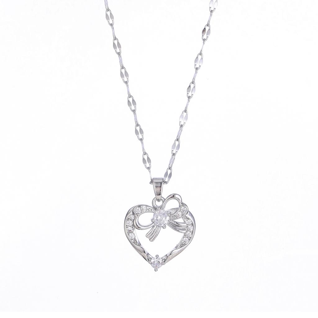 Light Luxury Bow Love Necklace Women'S Simple High-End Versatile Inlaid Zircon Pendant Exquisite Jewelry
