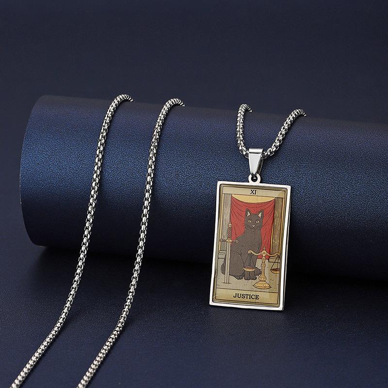 Stainless Steel Epoxy Cat Tarot Card Pendant Necklace For Men Boys Animal Divination Jewelry