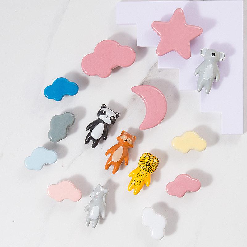Cute Lion, Star, Moon & Cloud Ceramic Drawer Handles - Children's Panda Cabinet Pulls & Hooks, Modern & Simple Design