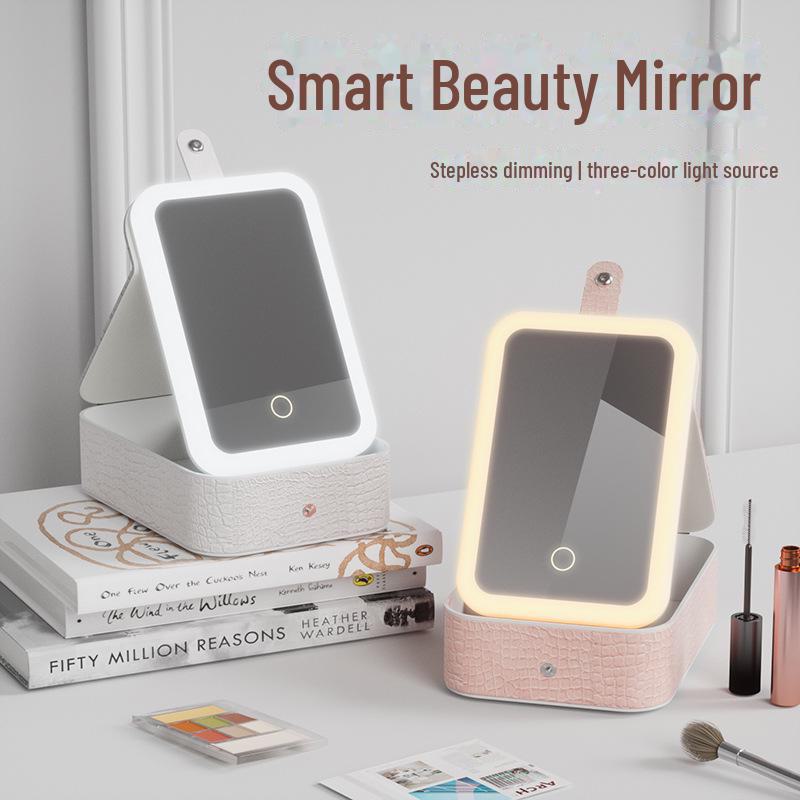 Crocodile Pattern LED Makeup Mirror with Three-Color Light and Large Capacity Cosmetic Jewelry Box