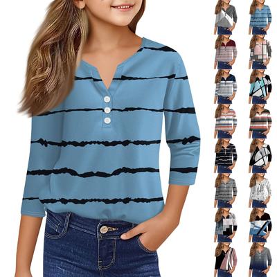 Girls Casual Fashion Tops Printed Seven Sleeve T-Shirt With Buttons