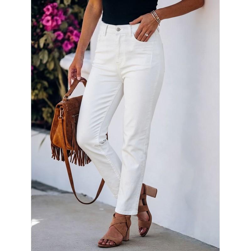 2026 High-Waisted Stretch Straight Leg Cropped Jeans Women Casual Streetwear Cotton Blend Elastic Waist