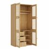 Kleiderschrank mit Rattan-Geflecht, 90 x 47 x 200 cm, Drehtüren, 1 Kleiderstange, 3 Schubladen und 4 Staufächer, Schlafzimmer, Wohnzimmer und Flur