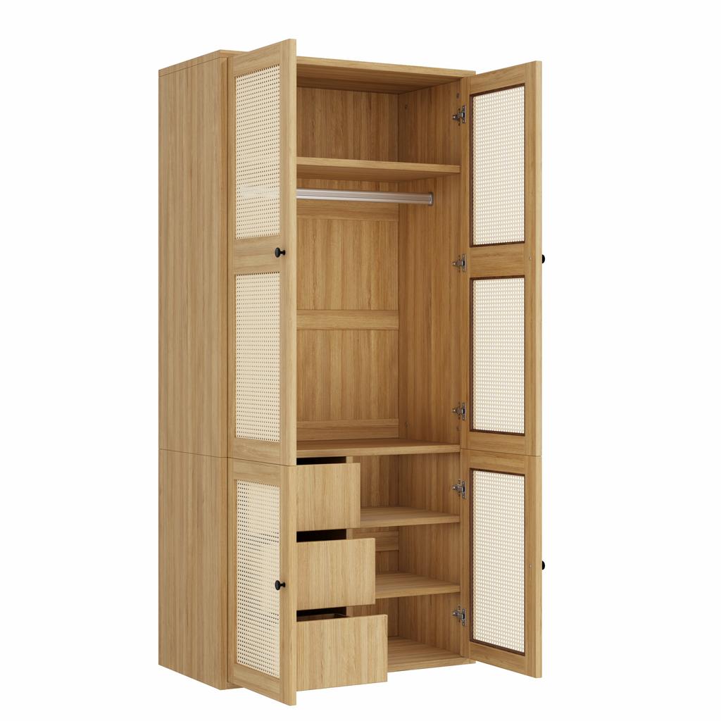 Kleiderschrank mit Rattan-Geflecht, 90 x 47 x 200 cm, Drehtüren, 1 Kleiderstange, 3 Schubladen und 4 Staufächer, Schlafzimmer, Wohnzimmer und Flur