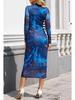Women's Long-Sleeve Tie-Dye Pleated Cocktail Dress with Stand-Up Collar