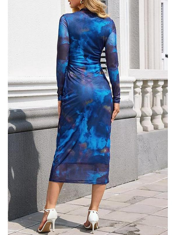 Women's Long-Sleeve Tie-Dye Pleated Cocktail Dress with Stand-Up Collar