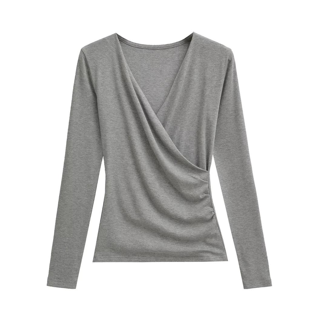 Mature Style V-neck Cross-Pleated Long-Sleeve Top for Women – Autumn/Winter Slimming Waist T-shirt