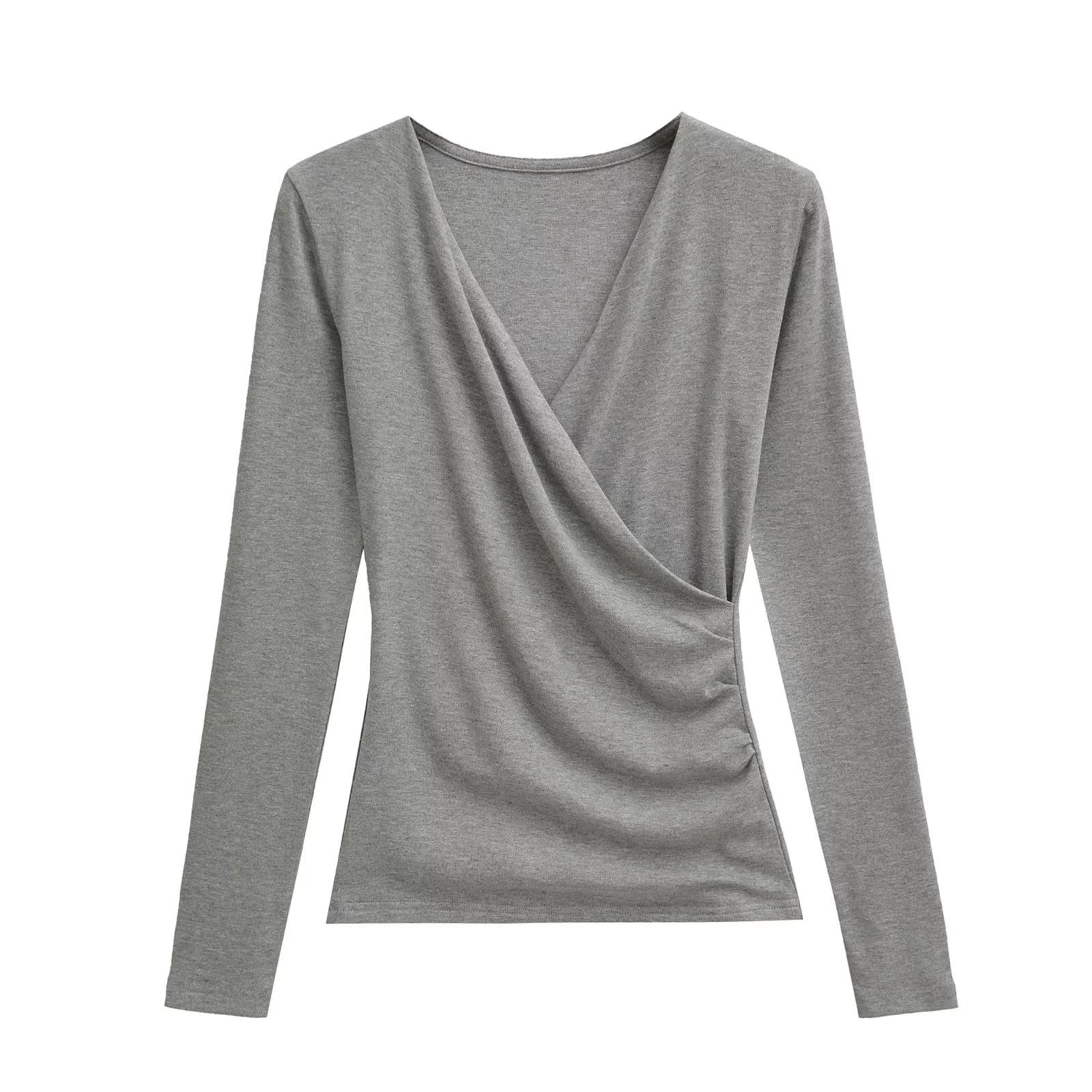 

Mature Style V-neck Cross-Pleated Long-Sleeve Top for Women – Autumn/Winter Slimming Waist T-shirt Medium