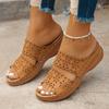 Thick-bottomed one-word slippers women's hollowed-out casual flowers large-size new slope heel cool slippers women's summer