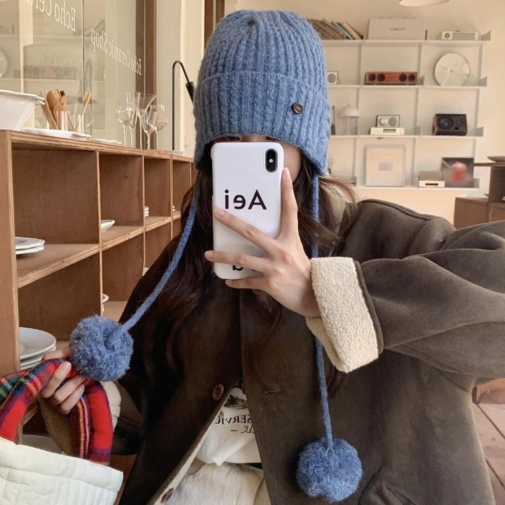 Thick Pom-pom Knit Cap Windproof Beanie Hats Kawaii Y2k Knitted Cap  Female