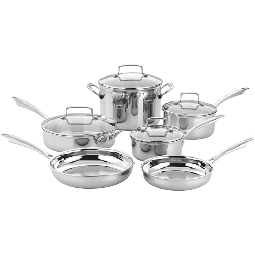 

Cuisinart Classic Pot & Pan Set, 10-Piece Cookware Set with Saucepan, Saut Pan, and Skillet, Tapered Rim, Drip-Free Spout, and Cool-Grip Handles, Sta