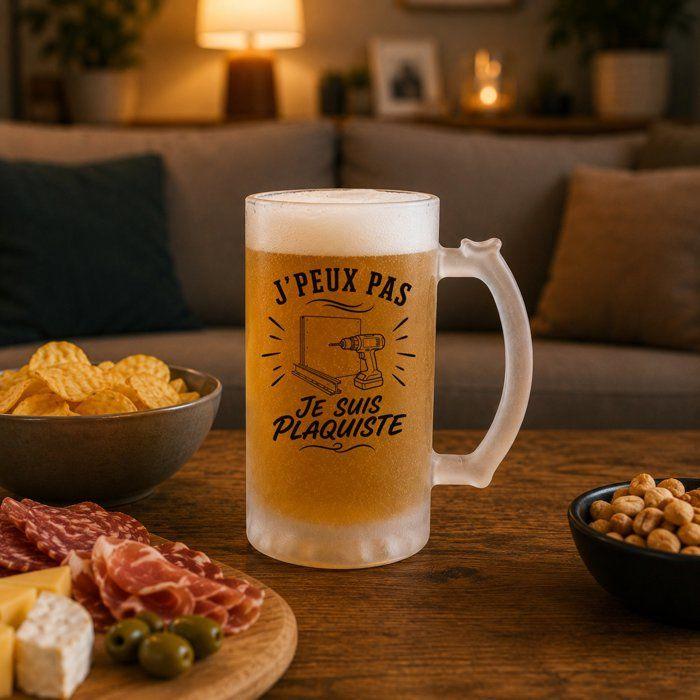 Chope de bière - PLANETEE - J’peux pas je suis Plaquiste - Verre trempé givré - 470 ml - Impression sublimation