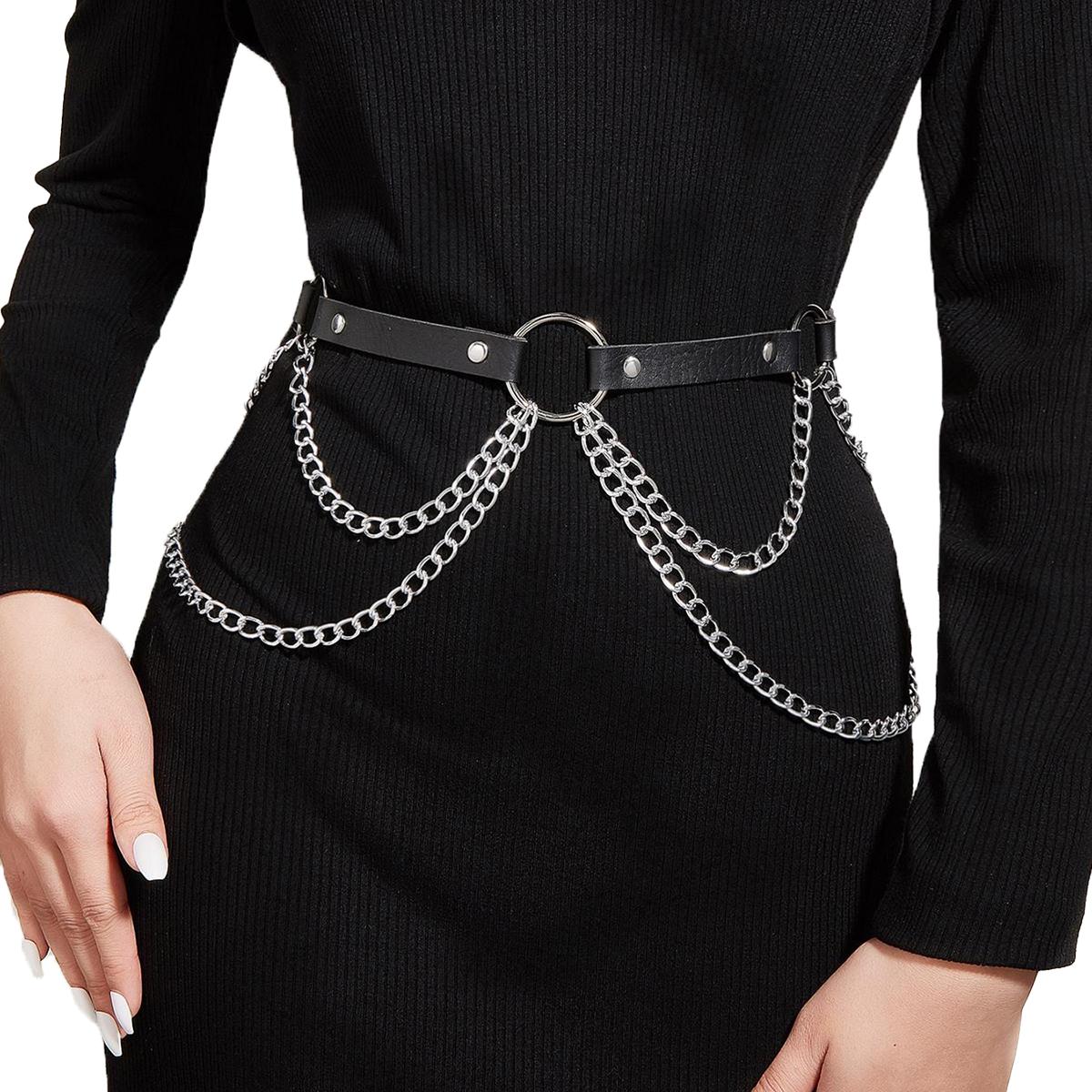 

Сексуальный женский двухслойный пояс-цепочка с заклепками на бедрах, модный и обтягивающий готический пояс для фестиваля и рейва One size чёрный