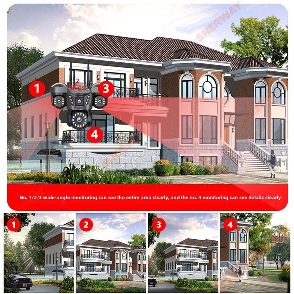 10K 20MP UHD Outdoor WiFi IP Camera Four Len Four Screen 360° 16X Zoom PTZ Security Cam Auto Tracking CCTV Wireless Surveillance