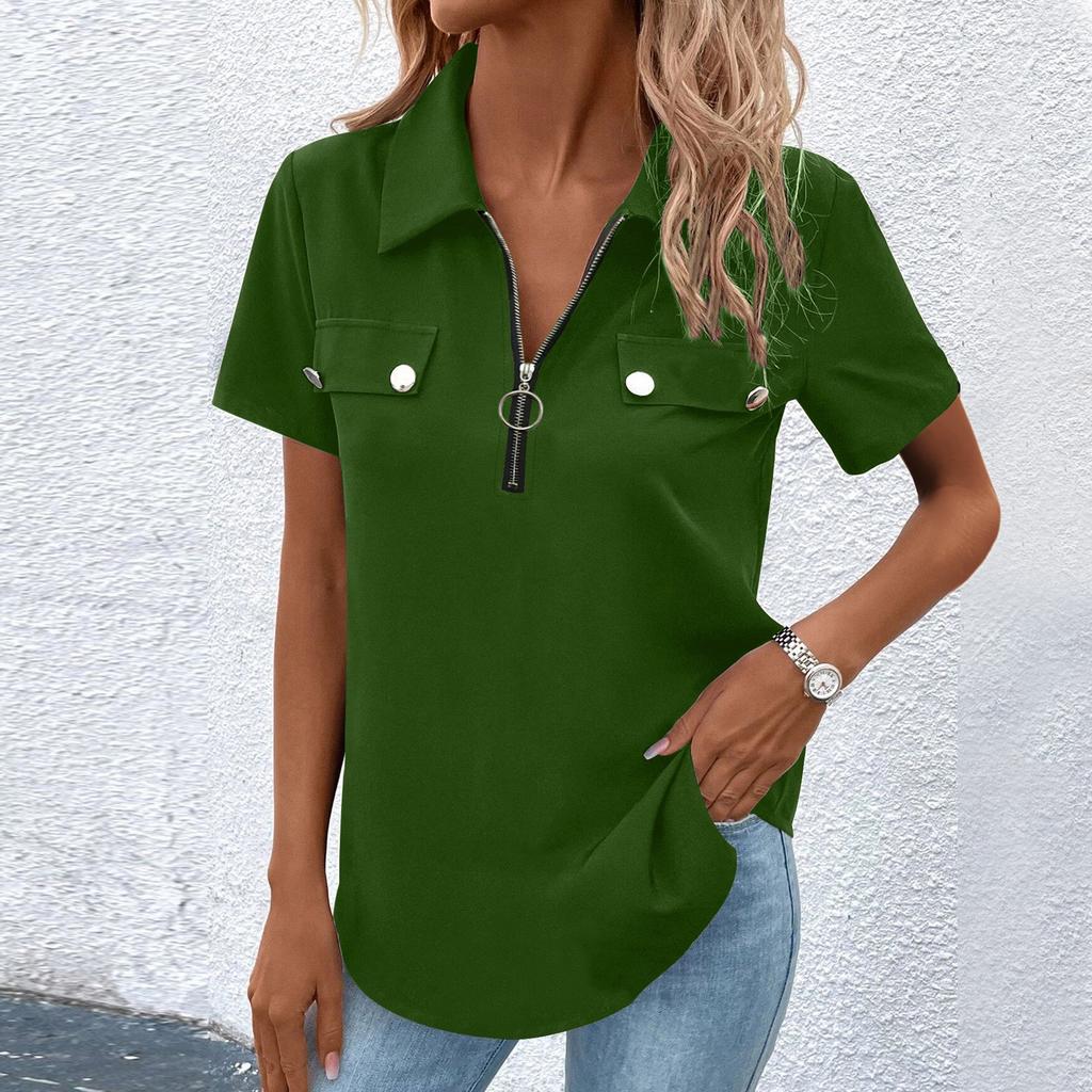 Damenmode Lapel Halbreißverschluss Kurzarm Top Mit Tasche