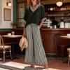 Summer Two Piece Outfit for Women Striped Short Sleeve V Neck Top And Wide Leg Pants Set with Pockets Casual Vacation Lounge Sets