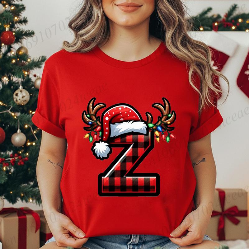 Christmas Alphabet Printed T-Shirt for Women Unisex Fashion Trendy Funny Casual Tops Santa Hat, Reindeer Graphic Tshirt T Shirt