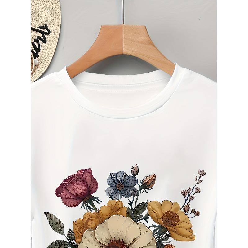 European Size Women's Short-Sleeve Blouse -Elegant Floral Print T-Shirt, Spring/Summer Casual Top,Short-Sleeve Blouse for Weddings, Parties,Daily Wear
