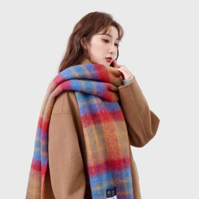 Cozy Plaid Wool-Blend Scarf: Warm, Furry, and Trendy Shawl for Autumn and Winter