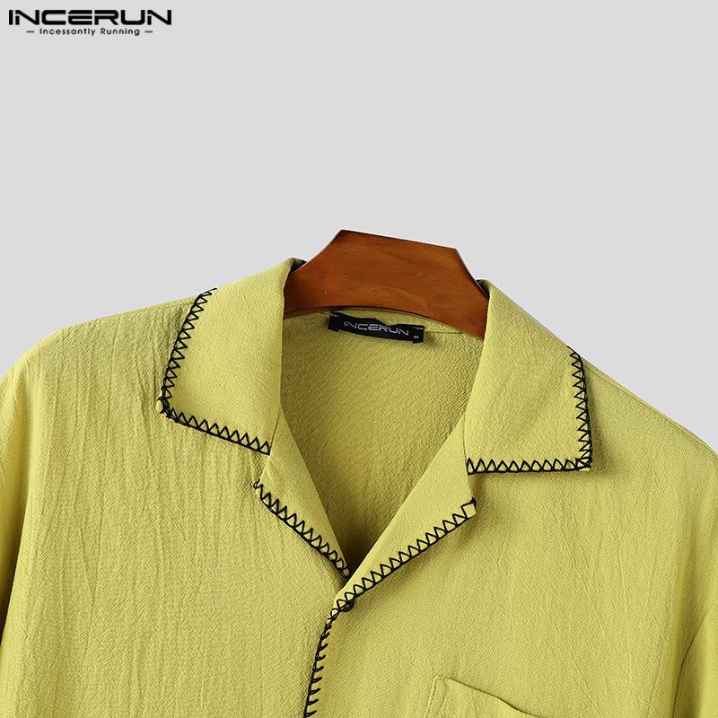 INCERUN Cămăși de vară pentru bărbați cu mânecă scurtă, cusături casual, vintage, din bumbac