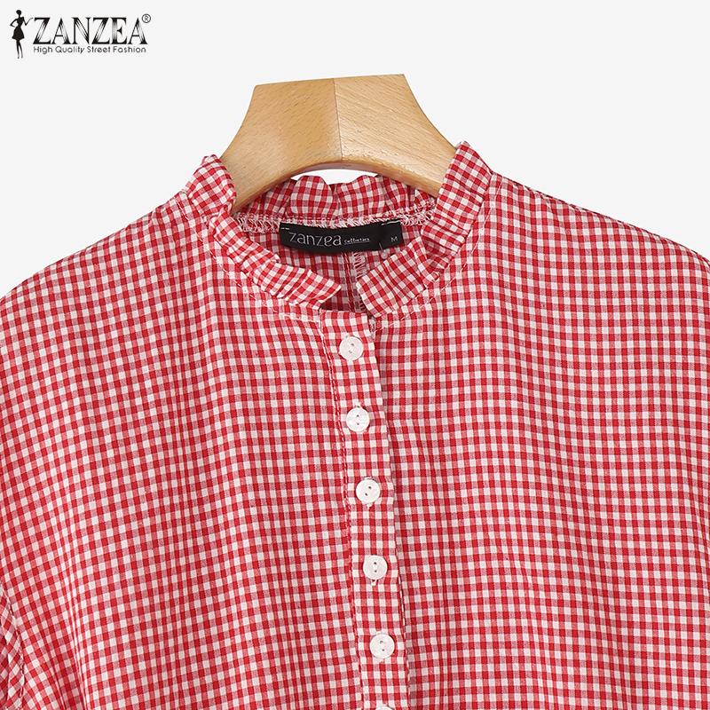 ZANZEA Women Casual Round Neck Summer Sleeveless Plaid Print Dress