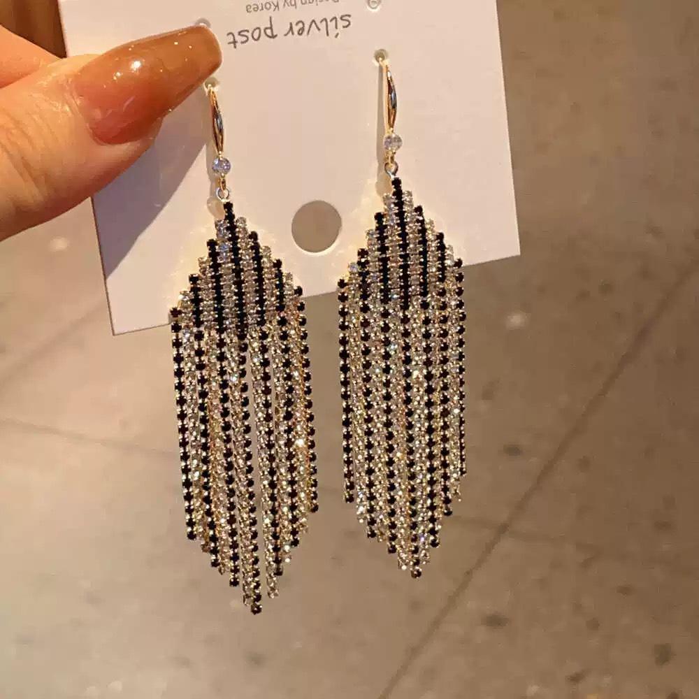 2025 Diamond Geometric Flower Tassel Earrings – Korean Cold Style, Light Luxury for Women