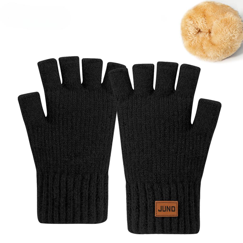 Thickened Leaky Finger Gloves In Autumn and Winter Plus Velvet Knitted Cold and Warm Half Part Writing Wool Double Layer Half Finger Gloves