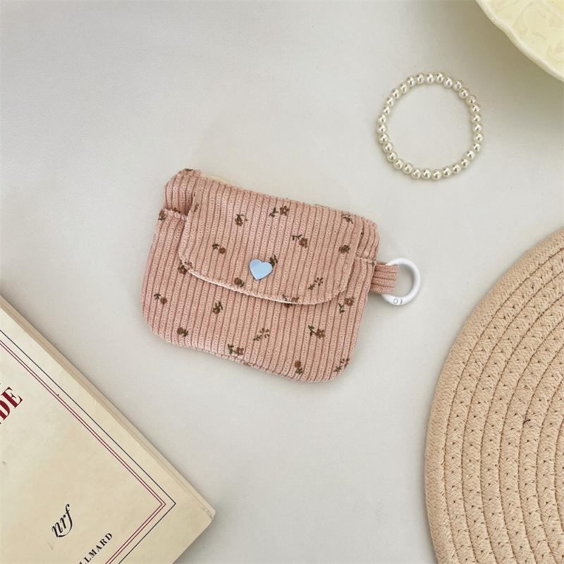 Cute Corduroy Coin Purse Fashion Floral Print Heart Snap Button Mini Wallet for Student School Carry Change Jewelry Storage