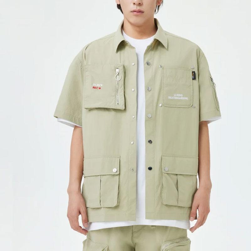 Li-Ning Letter Print Loose Casual Single-Breasted Short Sleeve Shirt Men Shirts Yew-Green AFDT157-3